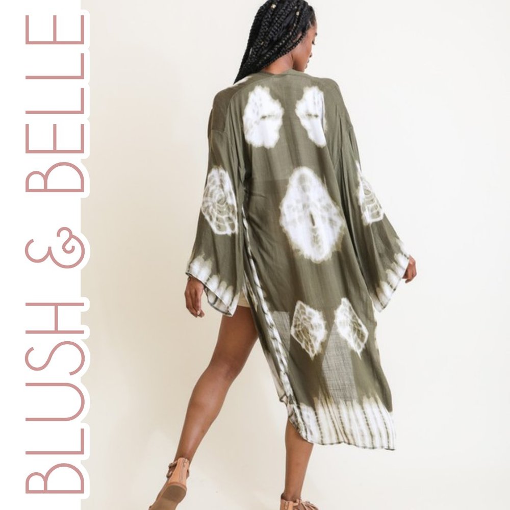 JANIS Tie-Dye Longline Kimono w/Full Sleeves Olive